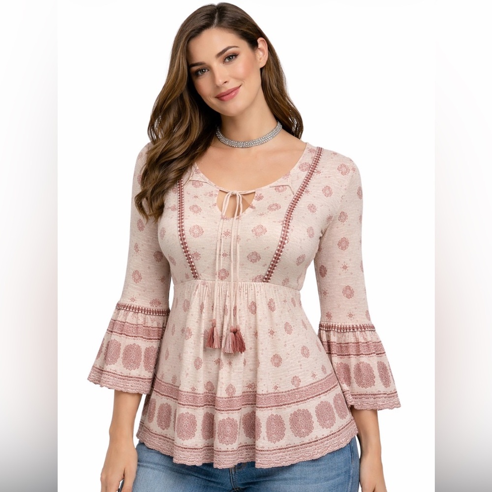 RUE21 Peasant Top Boho Folksy Bell Sleeves Tie Front Pale Dusty Pink Size Small